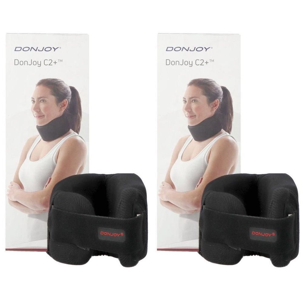 Twee DonJoy C2+ nekkragen op verpakking met vrouw.