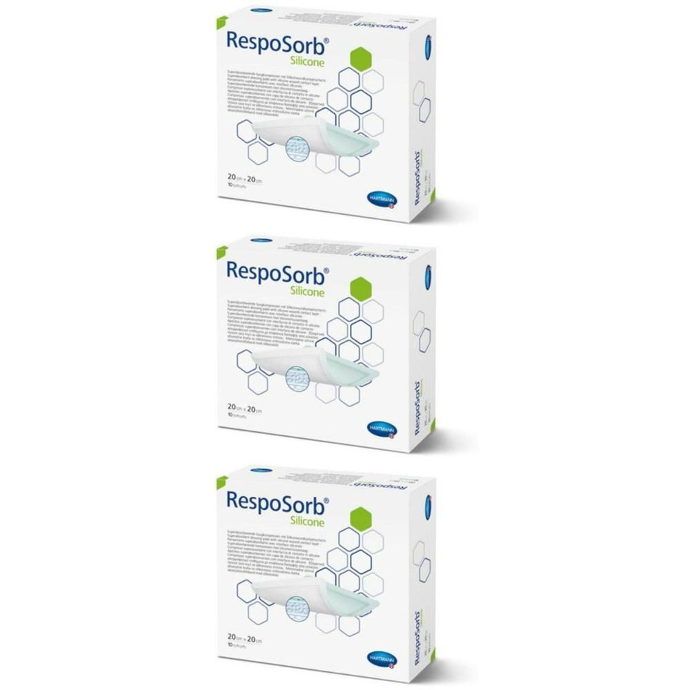 Drie pakken Hartmann RespiSorb Silicone wondverbanden, 20x20cm.