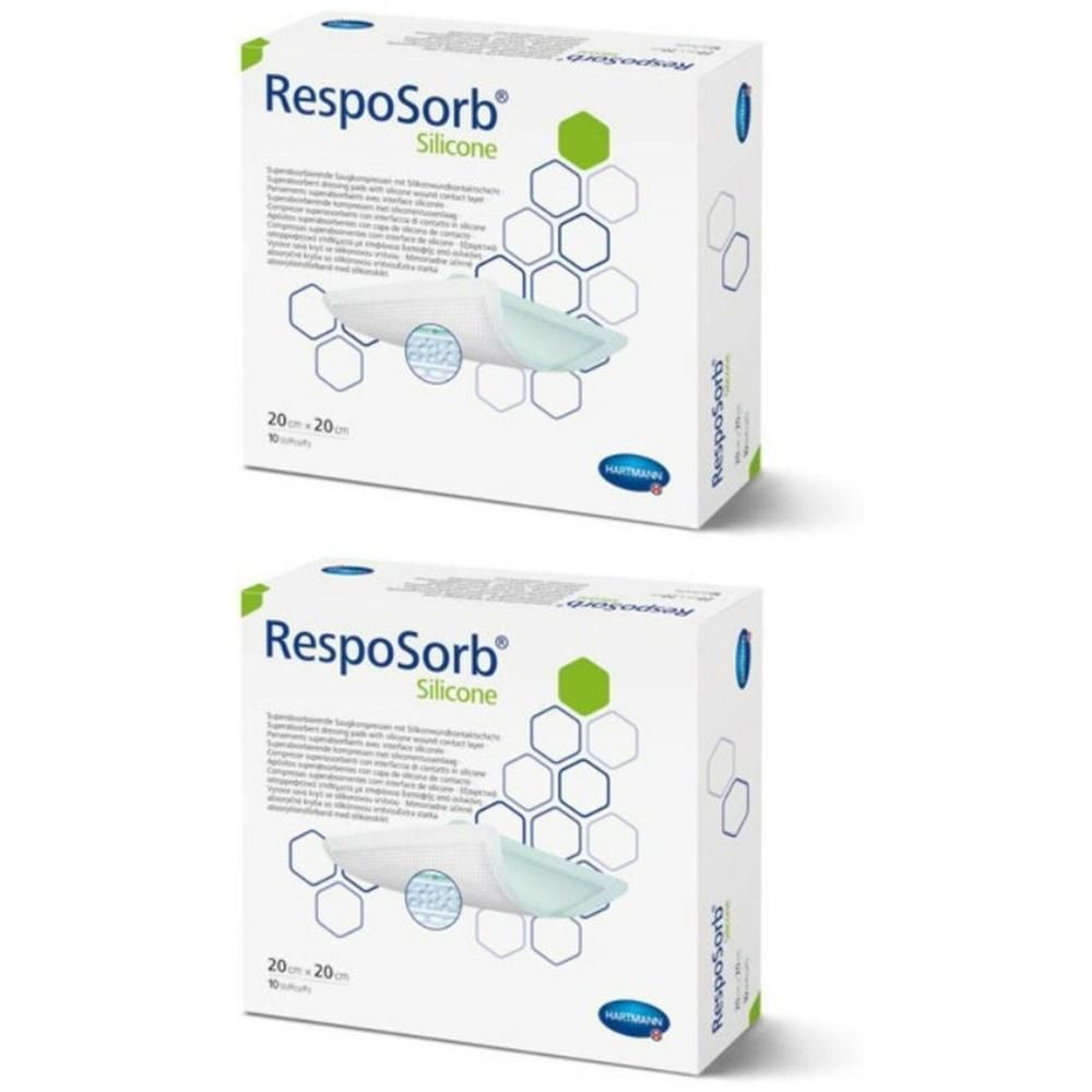Deux boîtes de pansements Hartmann RespiSorb Silicone. Chaque boîte contient 20 pansements.