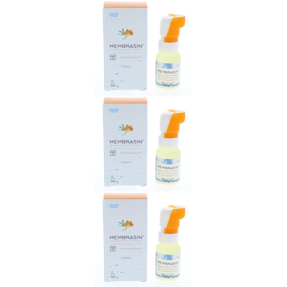 Trois boîtes de Membrasin Vision Vitality Spray avec embout pulvérisateur.