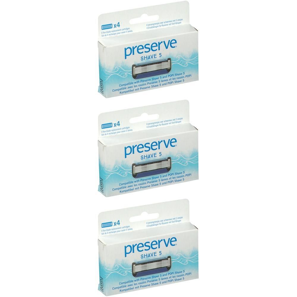 Drie pakken met 4 Preserve Shave 5 scheermesjes.