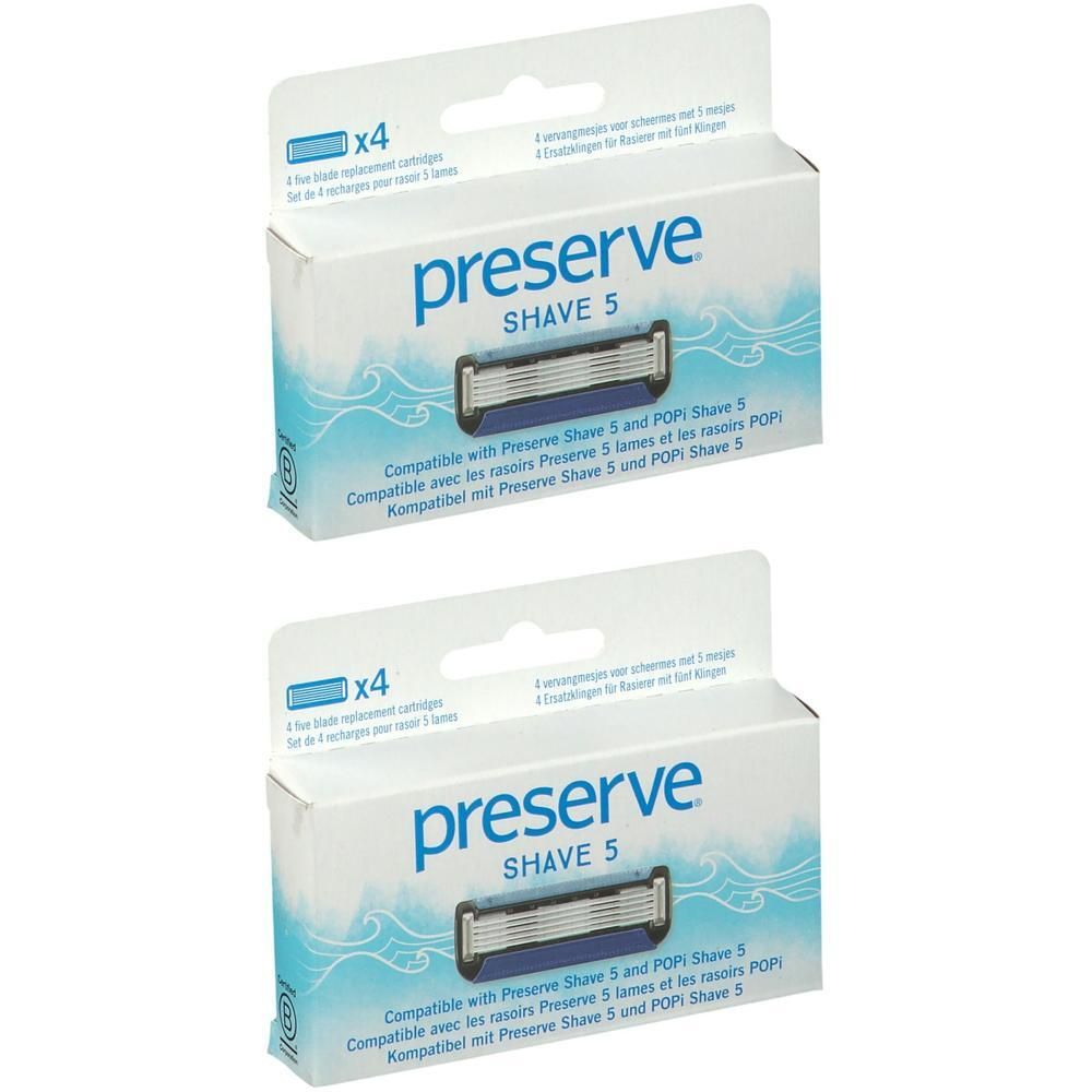 Twee pakken Preserve Shave 5 scheermesjes, 4 stuks per pak. Compatibel met Preserve Shave 5 en POPI Shave 5.