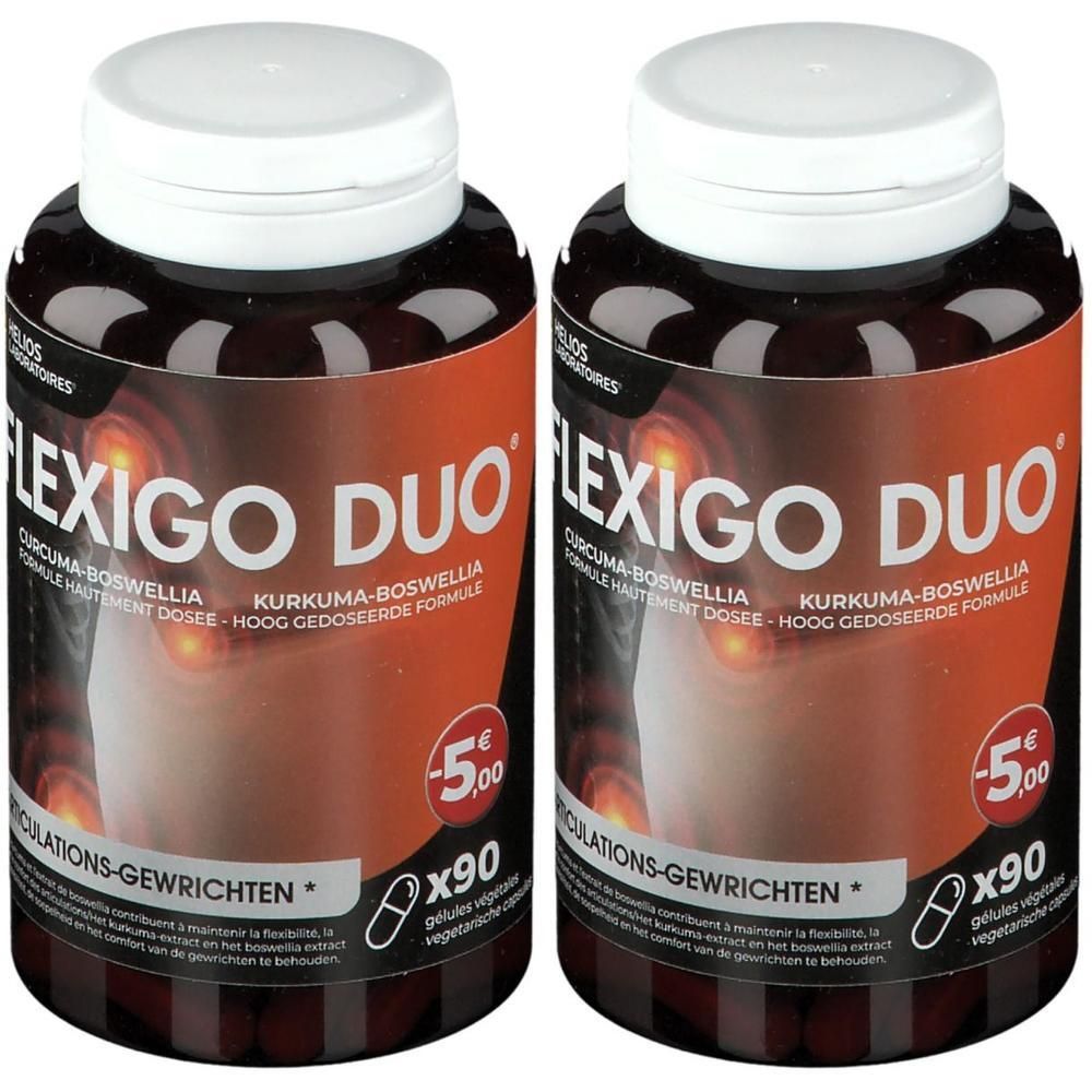Deux flacons de complément alimentaire Flexigo Duo, chacun contenant 90 gélules végétales.