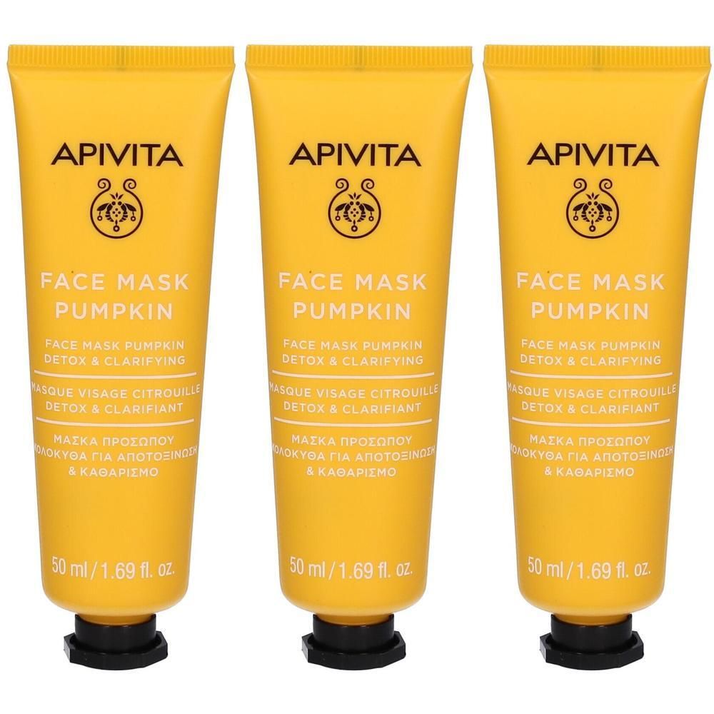 Trois tubes jaunes de masque visage Apivita Citrouille Detox & Clarifiant, 50 ml chacun.