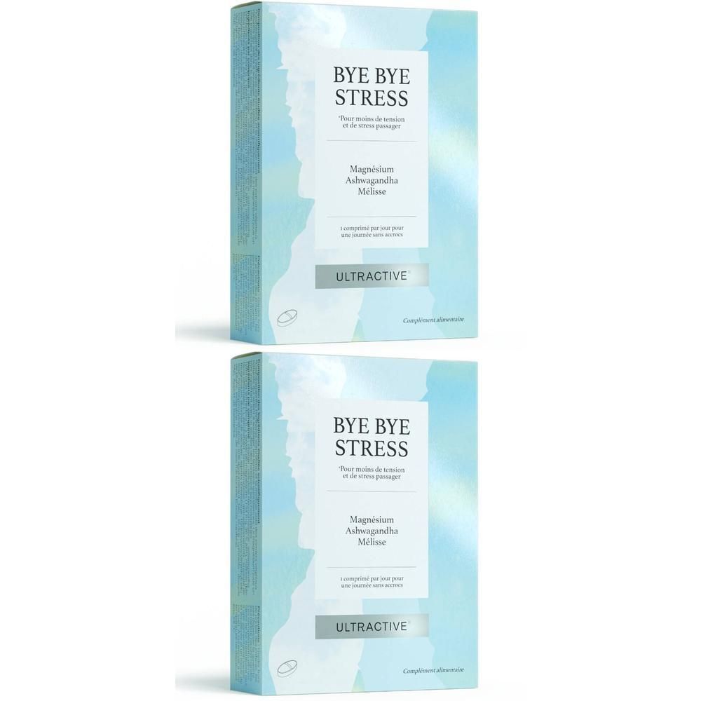 Twee pakken "Bye Bye Stress" van Ultractive met Magnesium, Ashwagandha en Melisse.