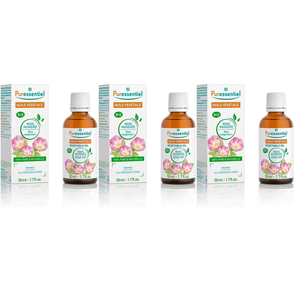 Vier flesjes Puressentiel Bio Roos Muskus Olie met doosjes. Elke fles bevat 50ml.