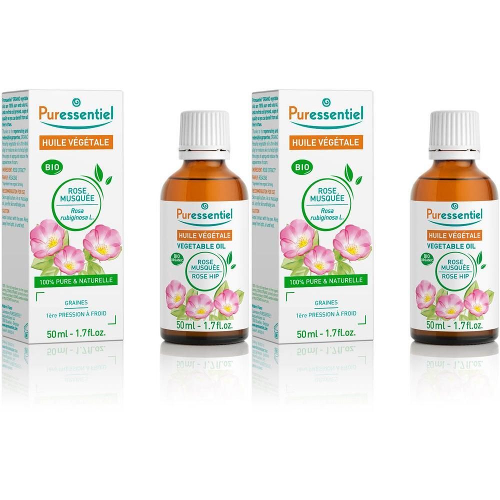 Puressentiel Bio Roos Muskusolie, 50ml. Bruine glazen fles met witte dop en vouwdoos.