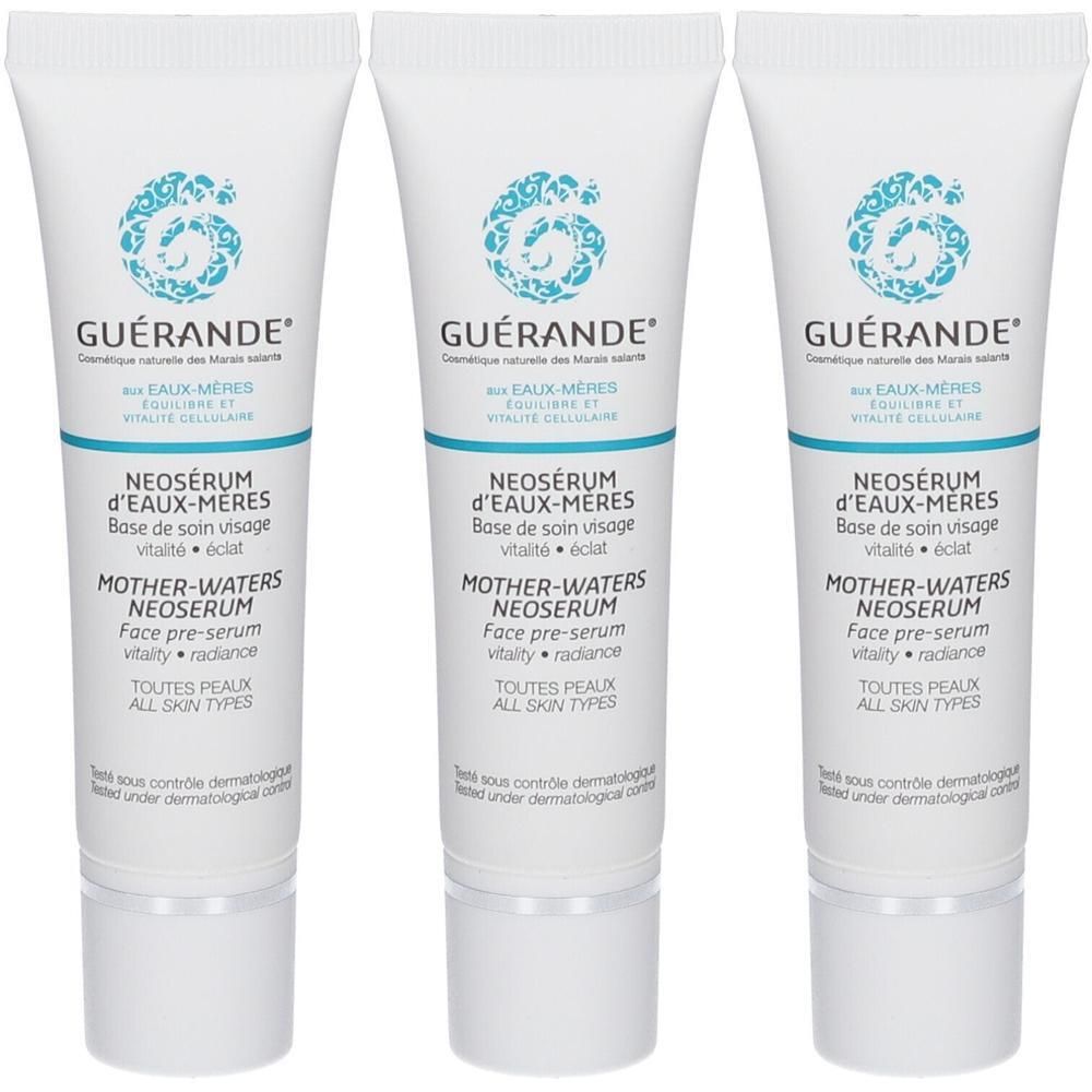 Drie witte tubes van Guérande Neosérum d'Eaux-Meres Bio.