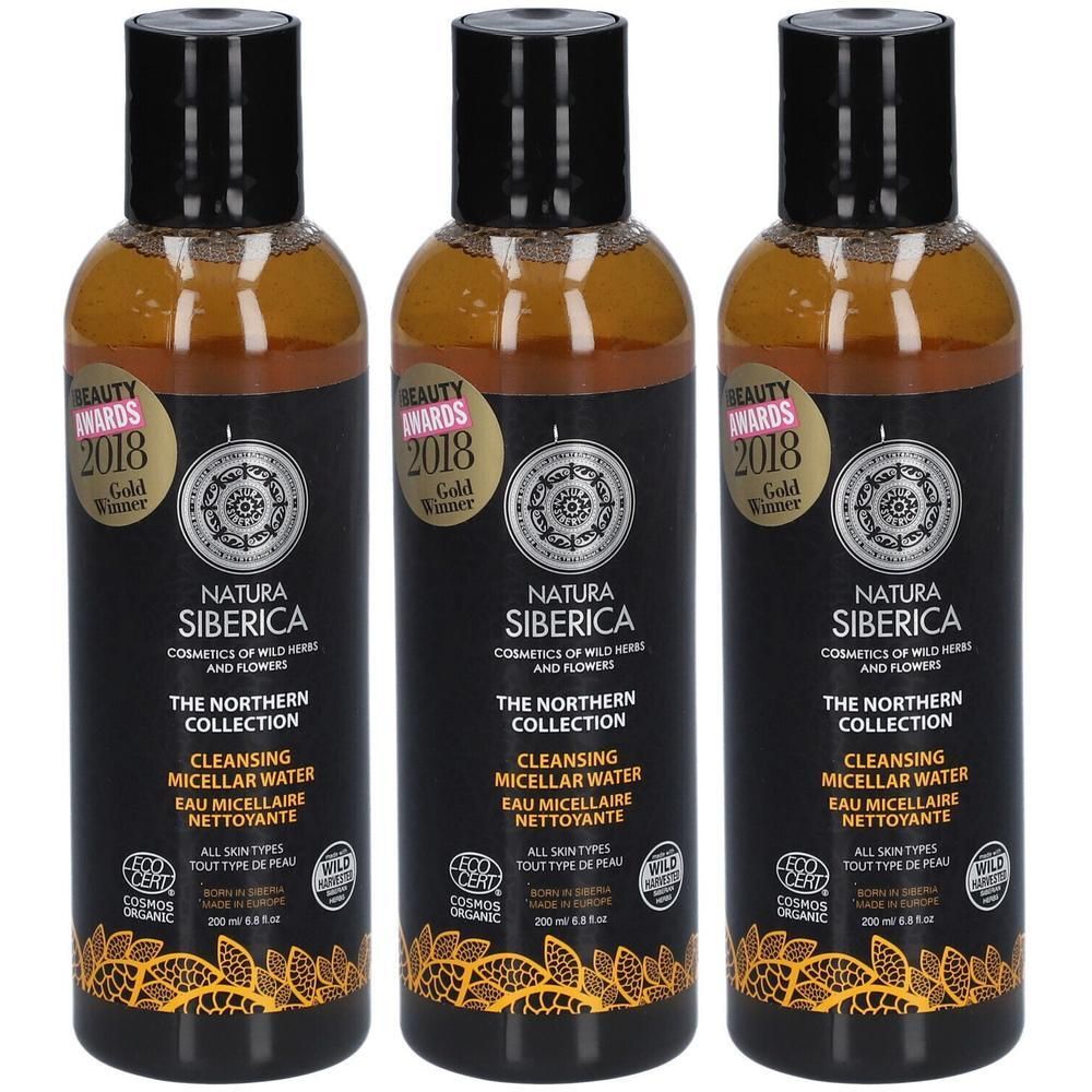 Trois bouteilles d'eau micellaire nettoyante Natura Siberica, The Northern Collection, 200ml.