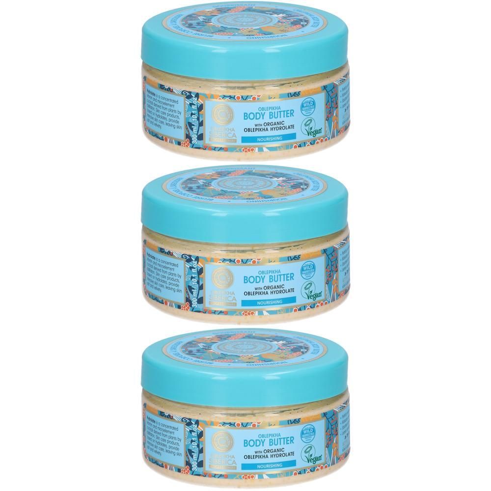 Trois pots de beurre corporel Oblepikha Siberica avec couvercles turquoise.