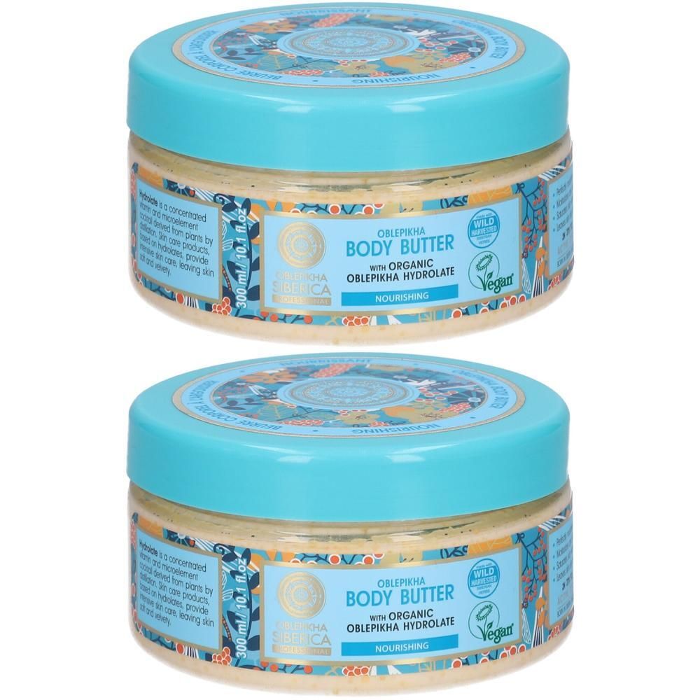Deux pots de Beurre Corporel Oblepikha Siberica, 300ml. Couvercles bleus, étiquettes avec motifs végétaux.