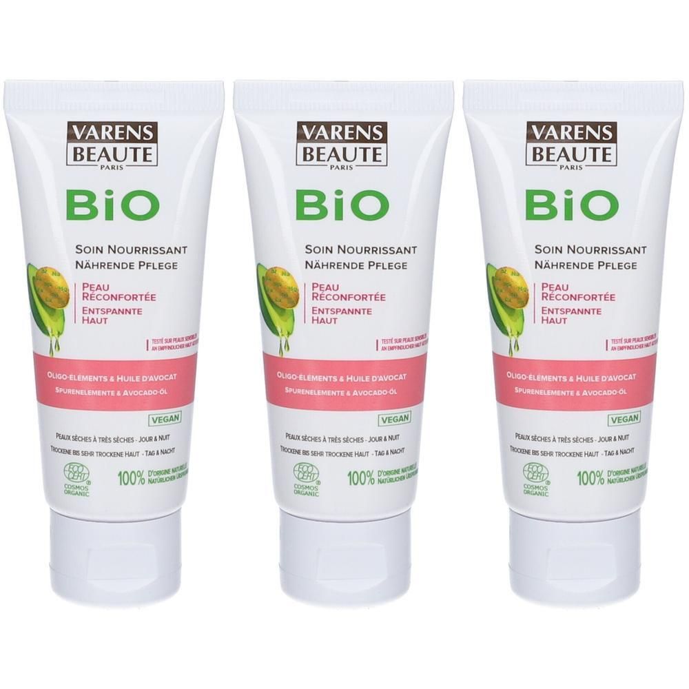 Trois tubes de Varens Beauté Bio Soin Nourrissant à l'huile d'avocat. Certifié bio.