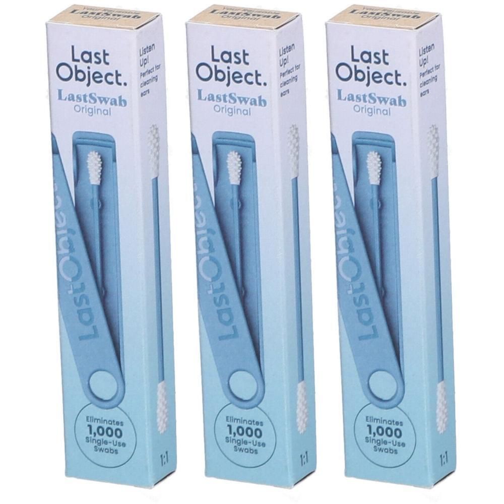 Drie pakken LastSwab Original met blauwe herbruikbare wattenstaafjes.
