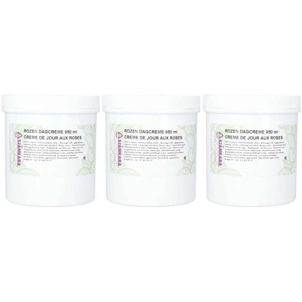 Drie witte potten Sjankara Rozen Dagcrème, elk 950 ml.