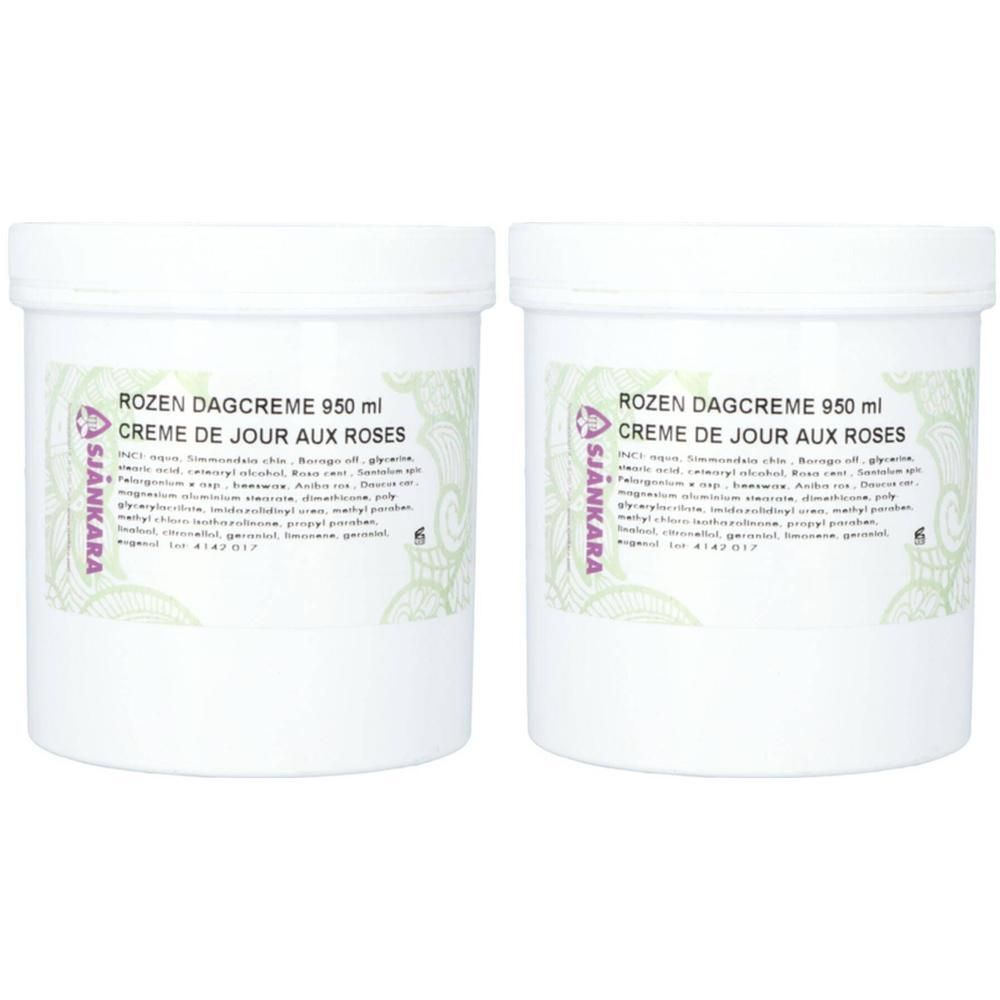 Deux pots blancs de Sjankara Crème de Jour aux Roses 950 ml.