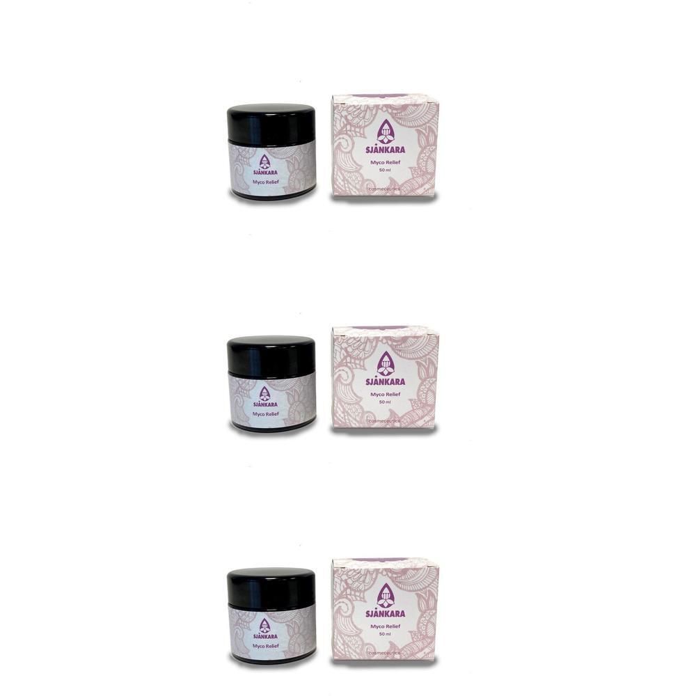Deux pots de crème Sjankara Myco Relief avec emballage. Couvercles noirs, étiquettes blanches avec logo et texte violets.