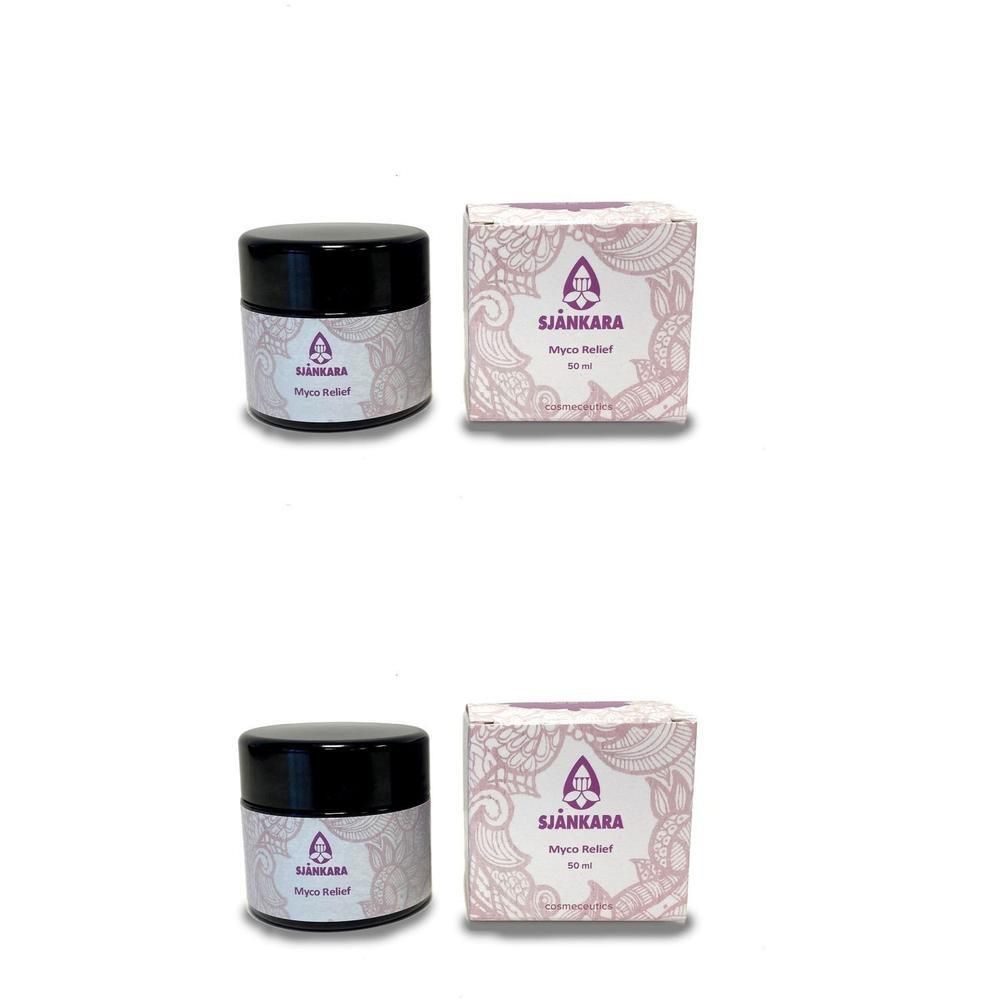 Deux pots de crème Sjankara Myco Relief avec leur emballage.