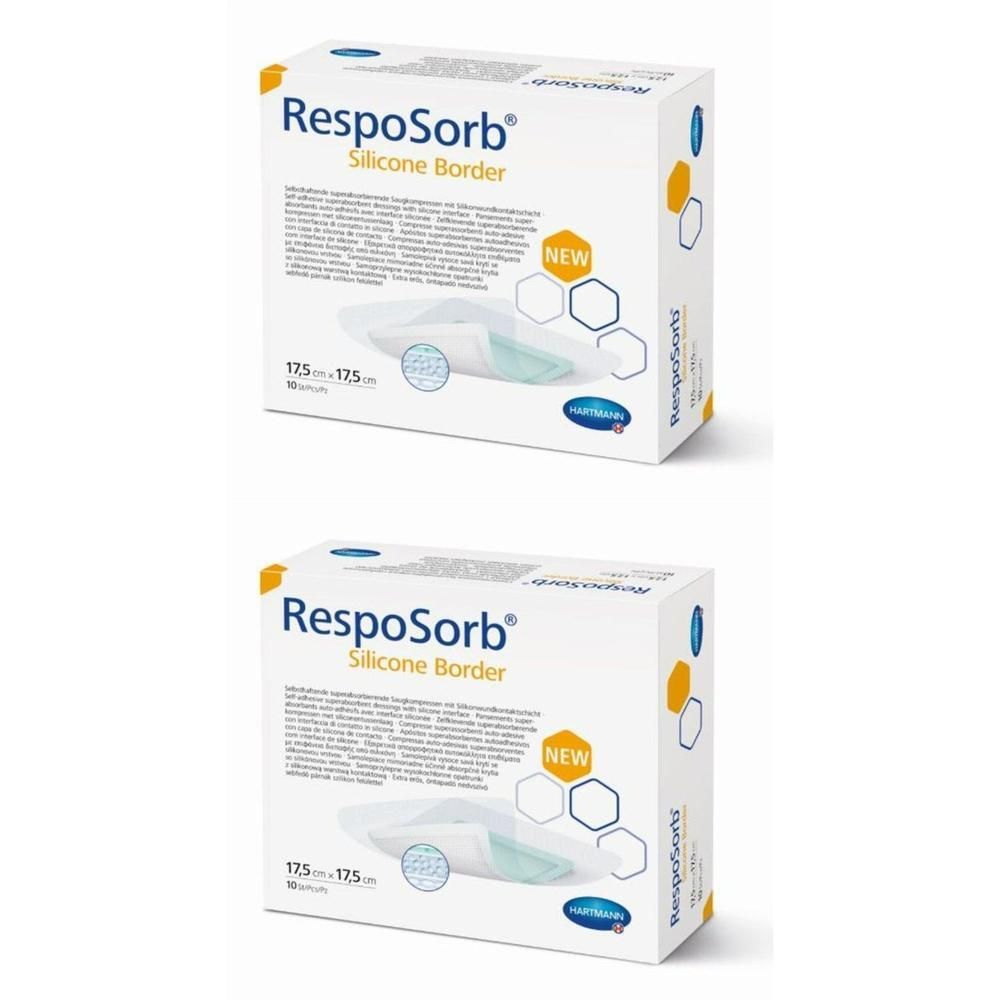 Deux paquets de pansements Hartmann RespiSorb Silicone Border, 17,5x17,5cm.