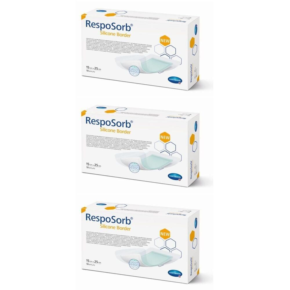 Drie pakken Hartmann RespiSorb Silicone Border wondverbanden. Maat 15x25cm.