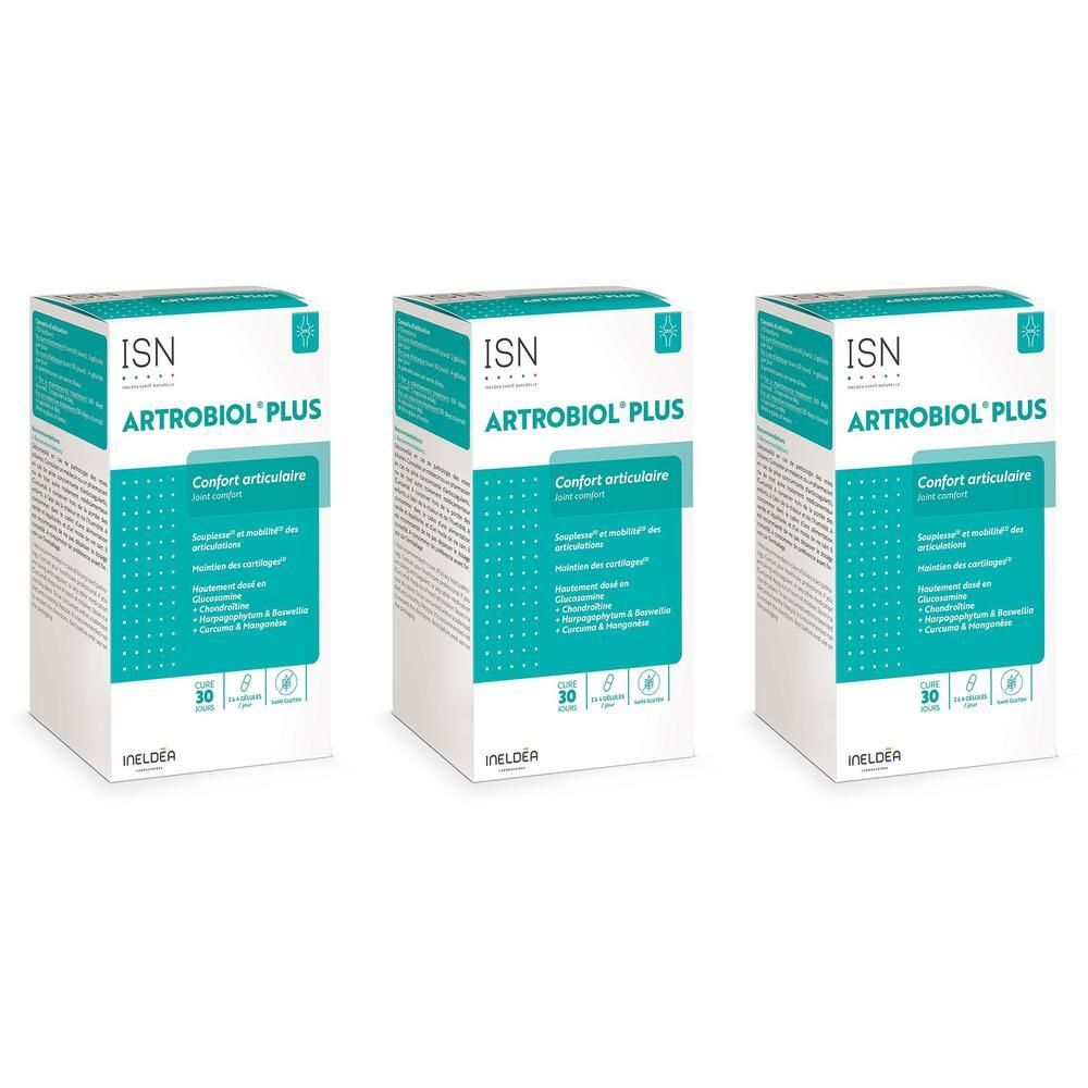 Drie dozen Ineldea Santé Naturelle Chondrobiol+ met informatie over gewrichtscomfort.