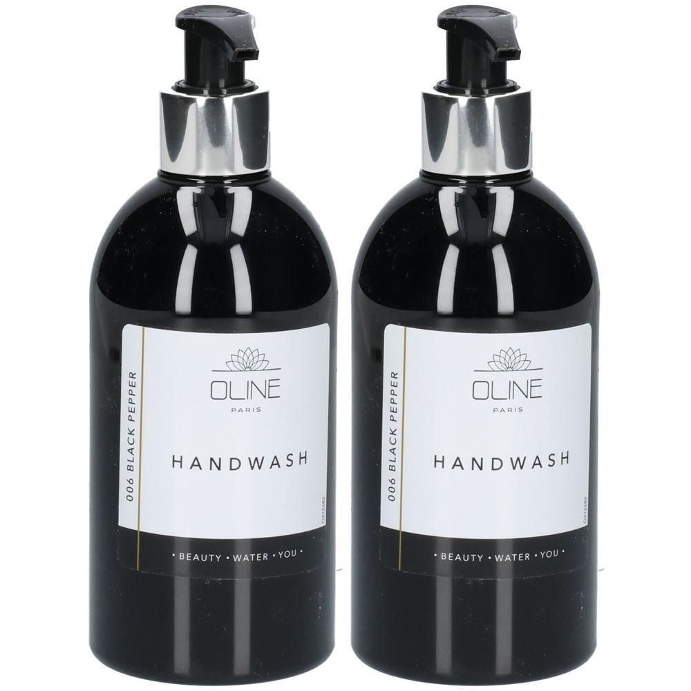 Twee zwarte pompflesjes Oline Handwash, geur "Black Pepper".