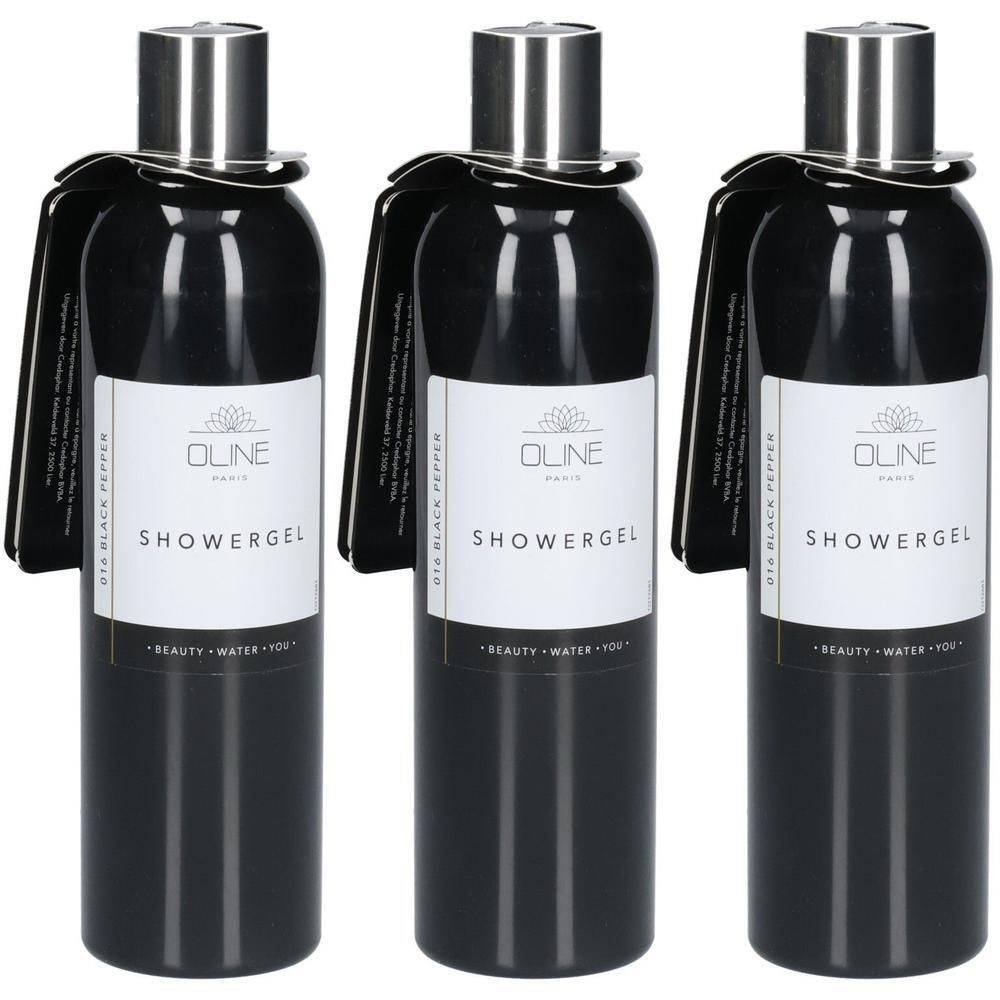 Trois bouteilles noires de gel douche avec bouchons argentés et étiquettes blanches.