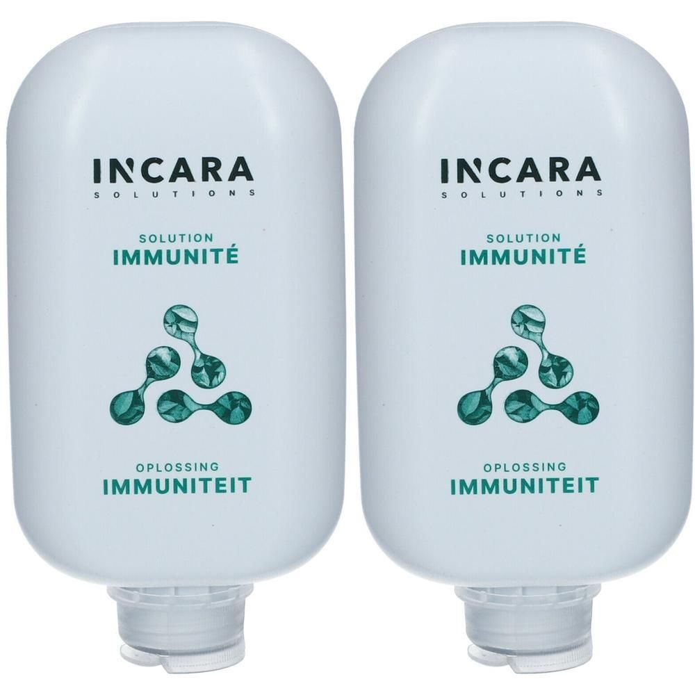 Twee witte flacons met Incara Solutions logo en opschrift "Solution Immuniteit".
