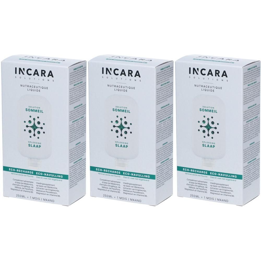 Trois boîtes de Incara Solutions Solution Sommeil. Boîtes blanches avec texte vert et noir.