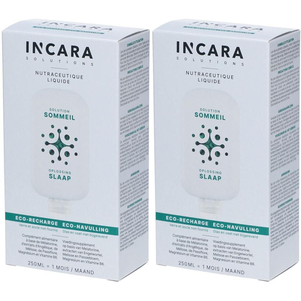 Deux boîtes de Incara Solutions Solution Sommeil, nutracéutique liquide, Eco-Recharge.