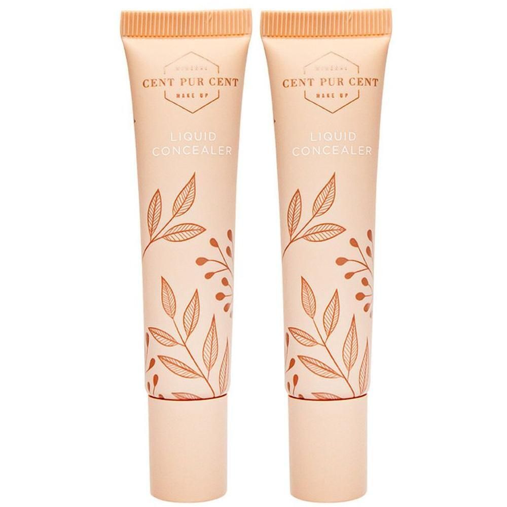 Deux tubes de correcteur liquide Cent Pur Cent avec motif de feuilles.