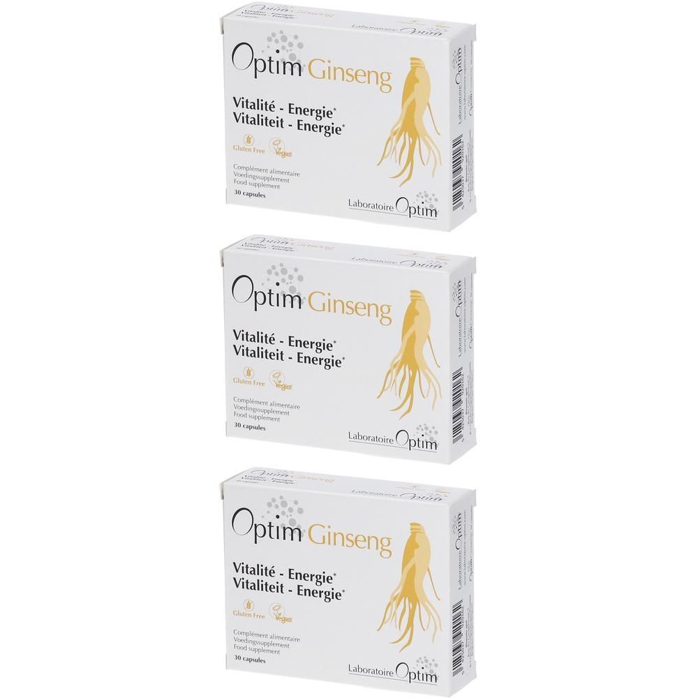 Drie dozen Optim Ginseng met illustratie van ginsengwortel. Bevat 60 capsules.
