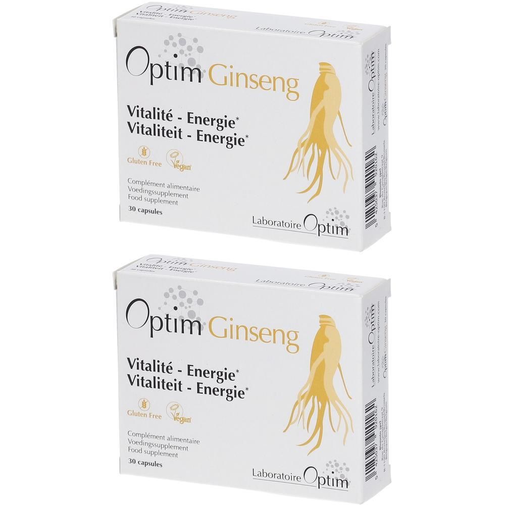 Deux boîtes de Optim Ginseng capsules avec illustration de racine de ginseng. Sans gluten, vegan.