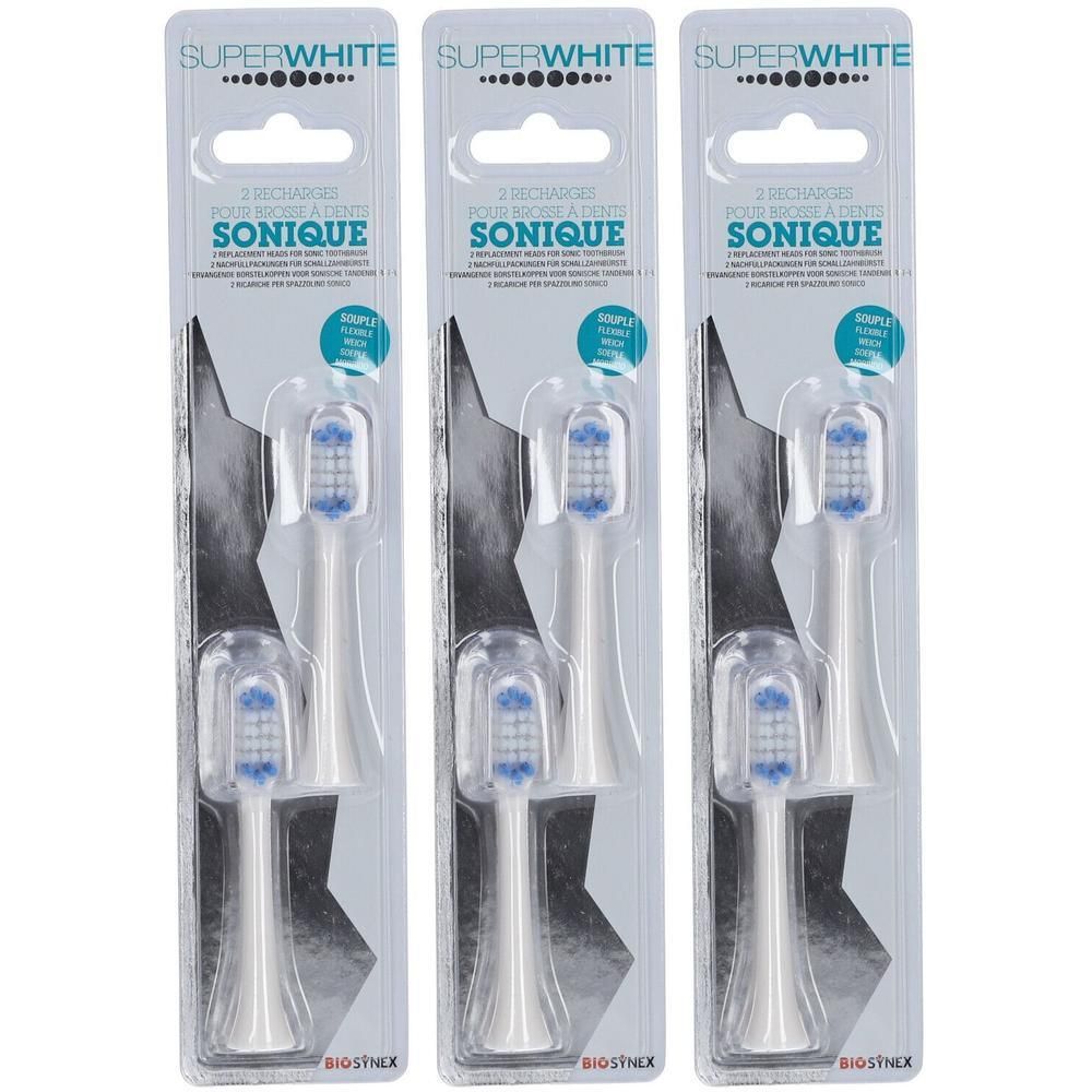 Trois paquets de recharges de brosse à dents sonique SUPERWHITE, blanches, avec poils bleus.