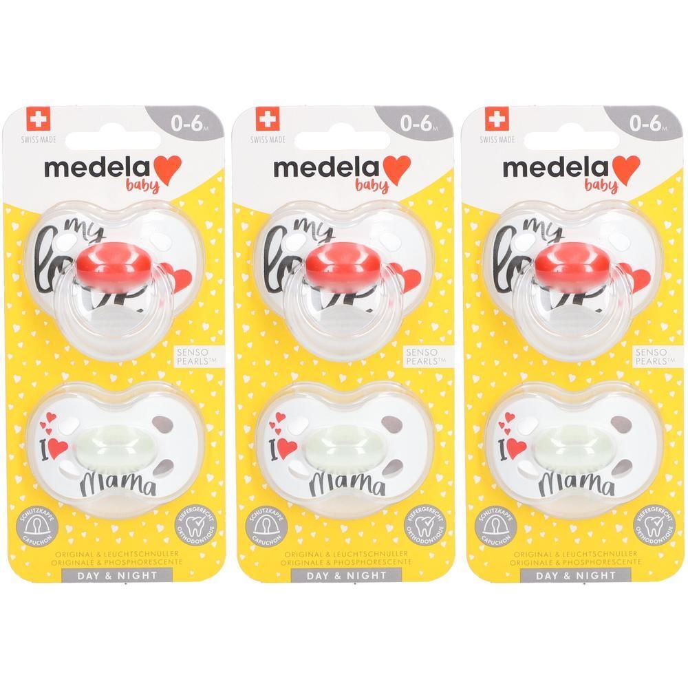 Drie Medela fopspenen 0-6 maanden met 'my love' en 'I love Mama' opdruk.