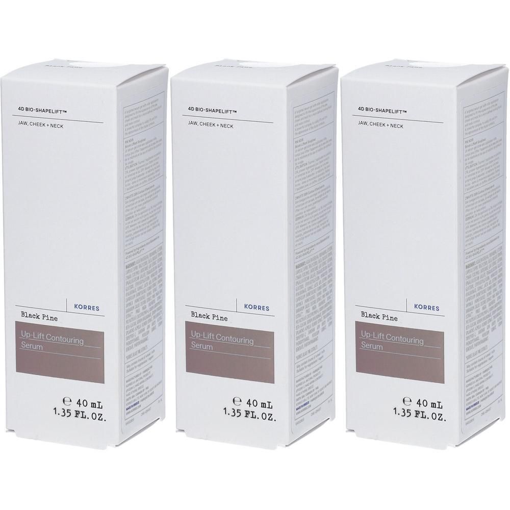 Drie witte dozen voor Korres Black Pine Up-Lift Contouring Serum, elk 40 ml.
