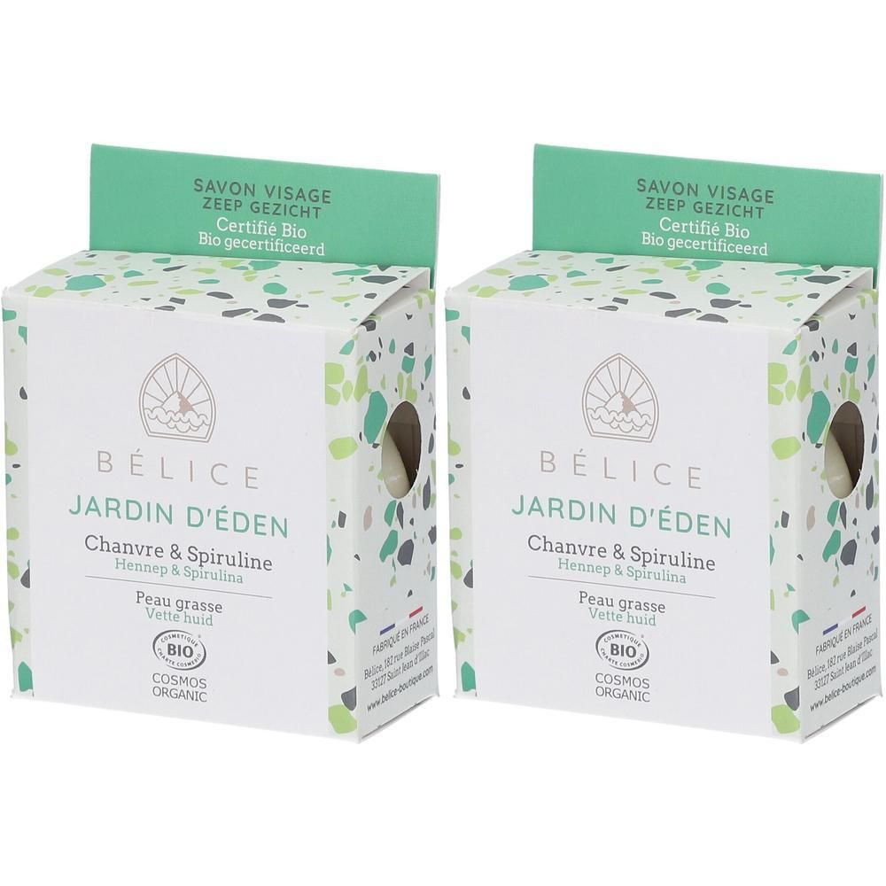 Twee pakken Bélice Jardin d'Eden Gezichtzeep Hennep & Spirulina voor vette huid. Bio gecertificeerd.