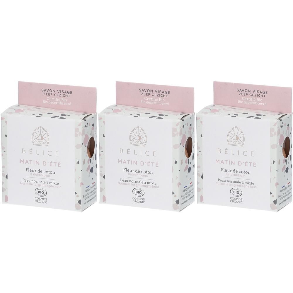 Trois paquets de savon visage Bélice Matin d'Été, certifié bio.