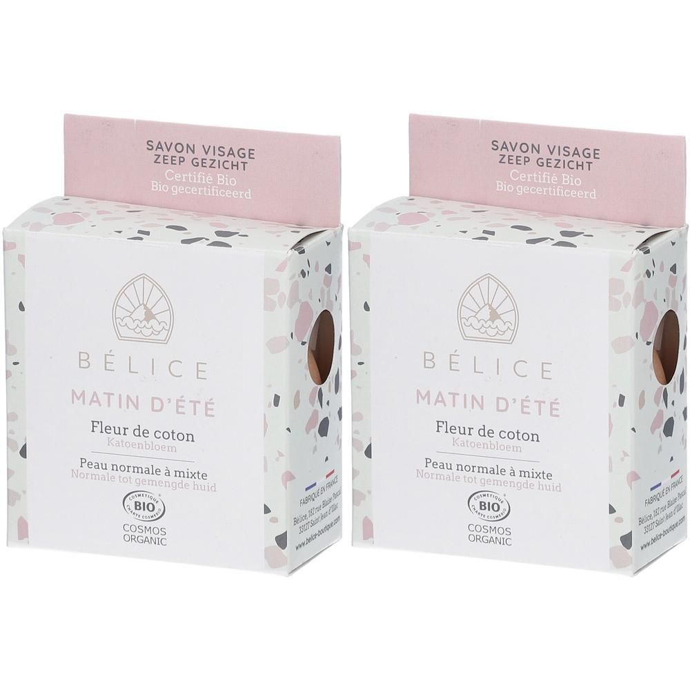 Deux paquets de savon visage Bélice Matin d'Été, certifié Bio.
