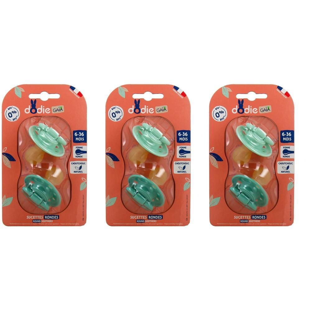 Drie pakken met elk twee groene rubberen fopspenen voor 6-36 maanden.