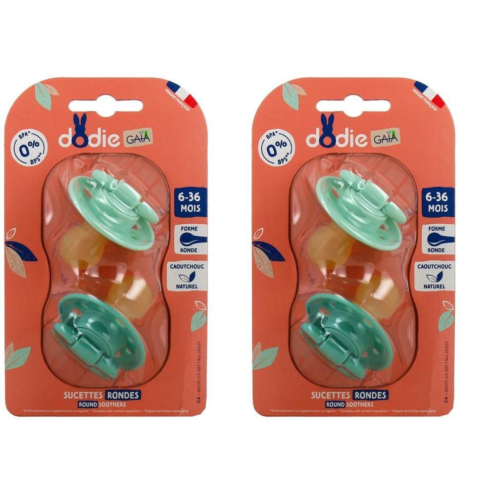 Deux paquets de sucettes Dodie® Caoutchouc Vert, 6-36 mois, forme ronde.