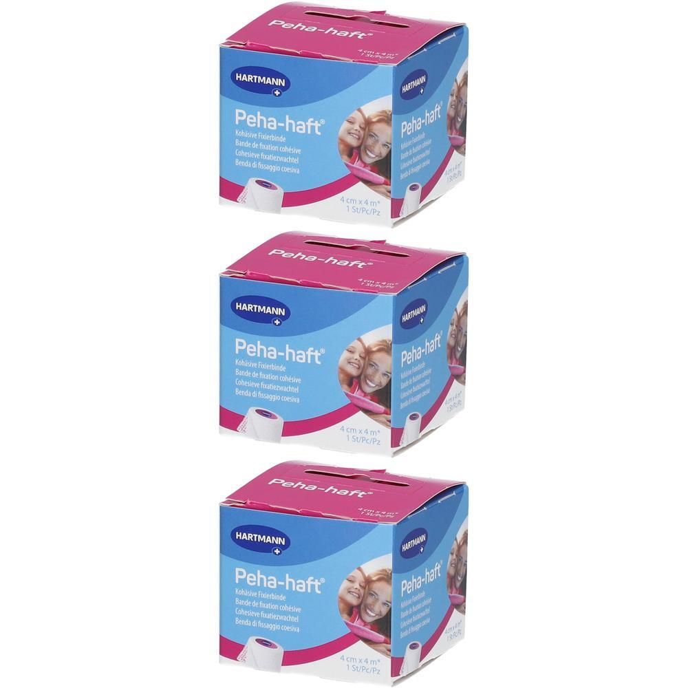 Trois boîtes de bandes adhésives Hartmann Peha-Haft®. Boîtes bleu-rose avec informations produit et images.