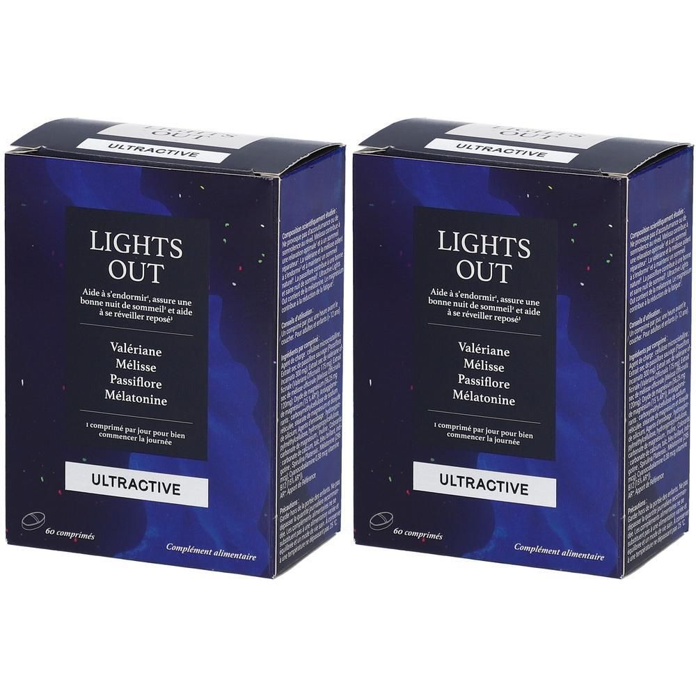 Deux boîtes Ultractive Lights Out avec Valériane, Mélisse, Passiflore et Mélatonine.