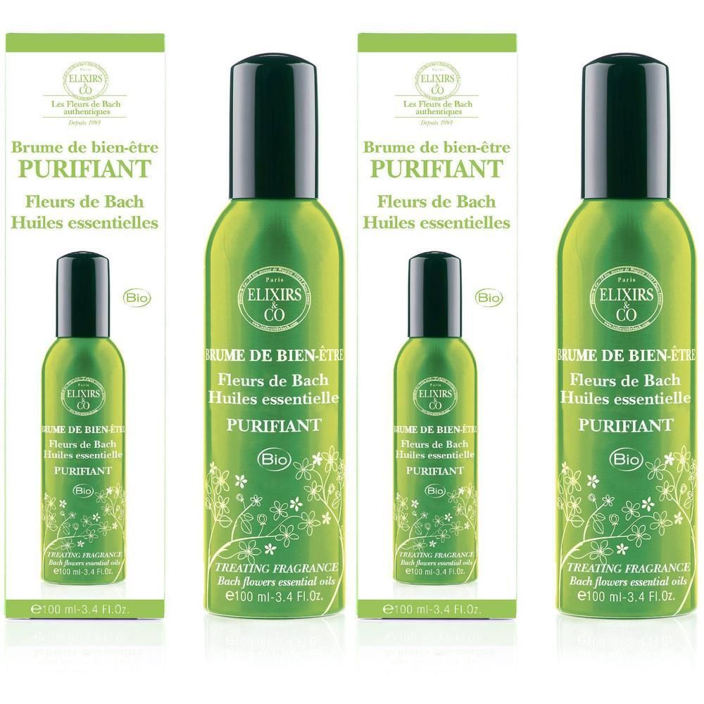 Flacon spray vert avec bouchon noir, logo Elixirs & Co et sceau Bio.