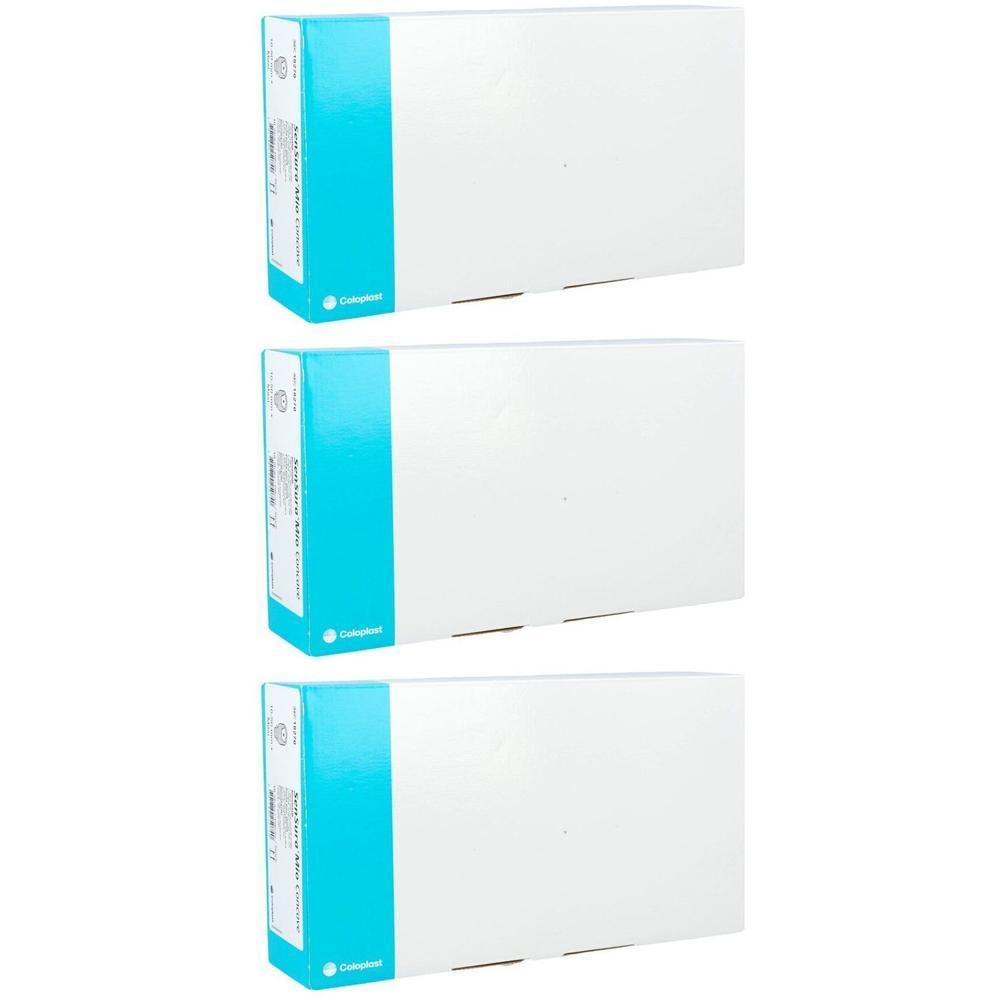 Twee Coloplast verpakkingen met blauwe streep en witte voorkant.