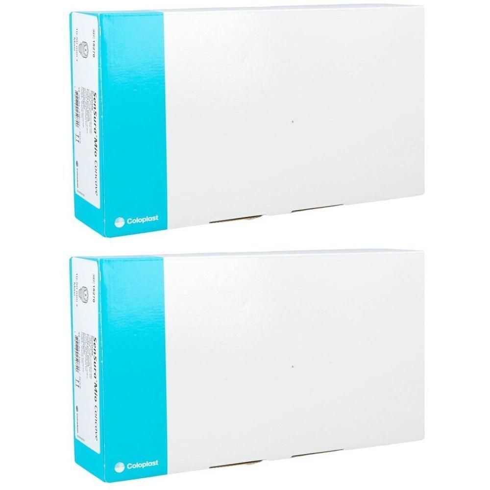 Twee Coloplast SenSura Mio verpakkingen, wit met blauwe band.