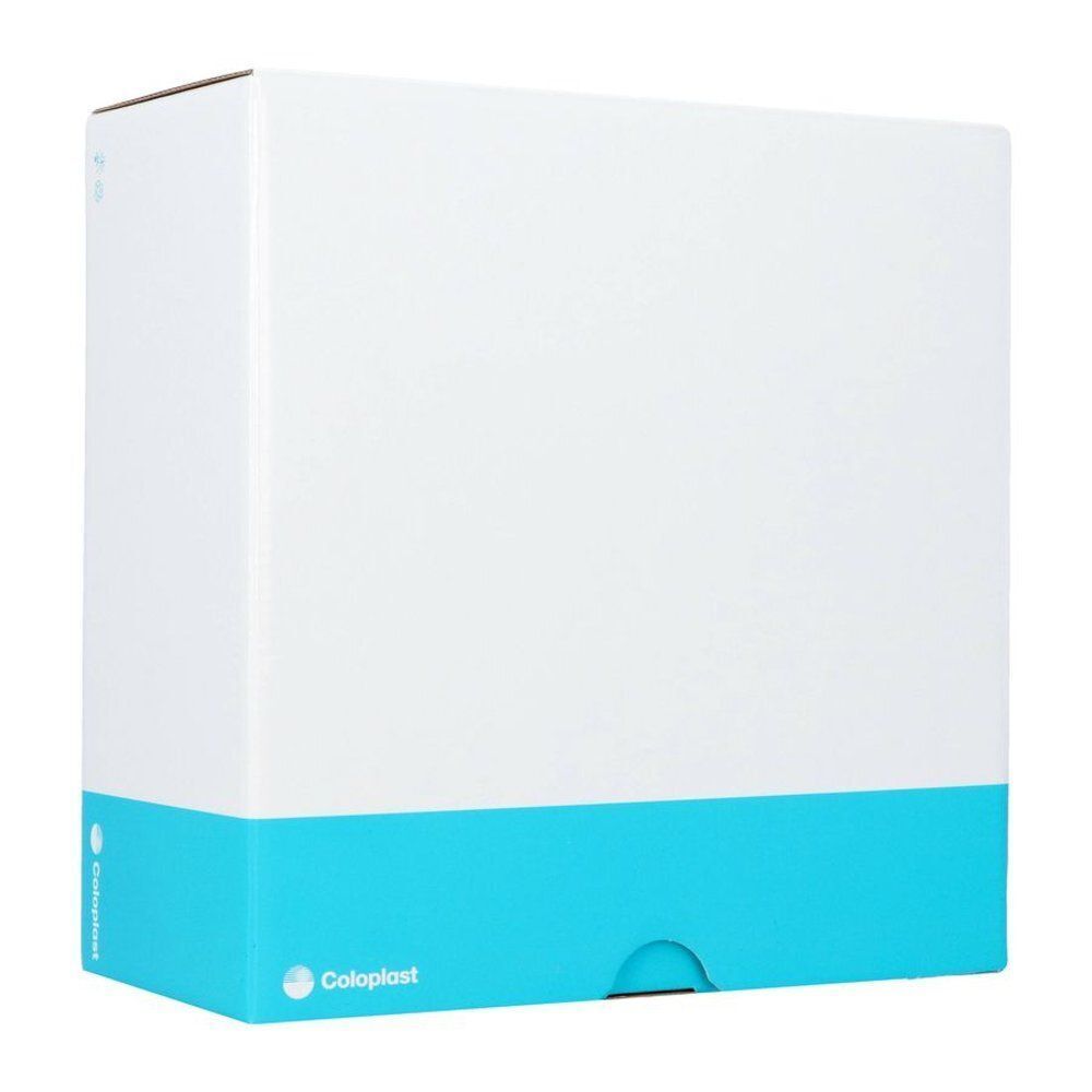 Emballage Coloplast Stoma Skin Barrier en bleu clair et blanc.