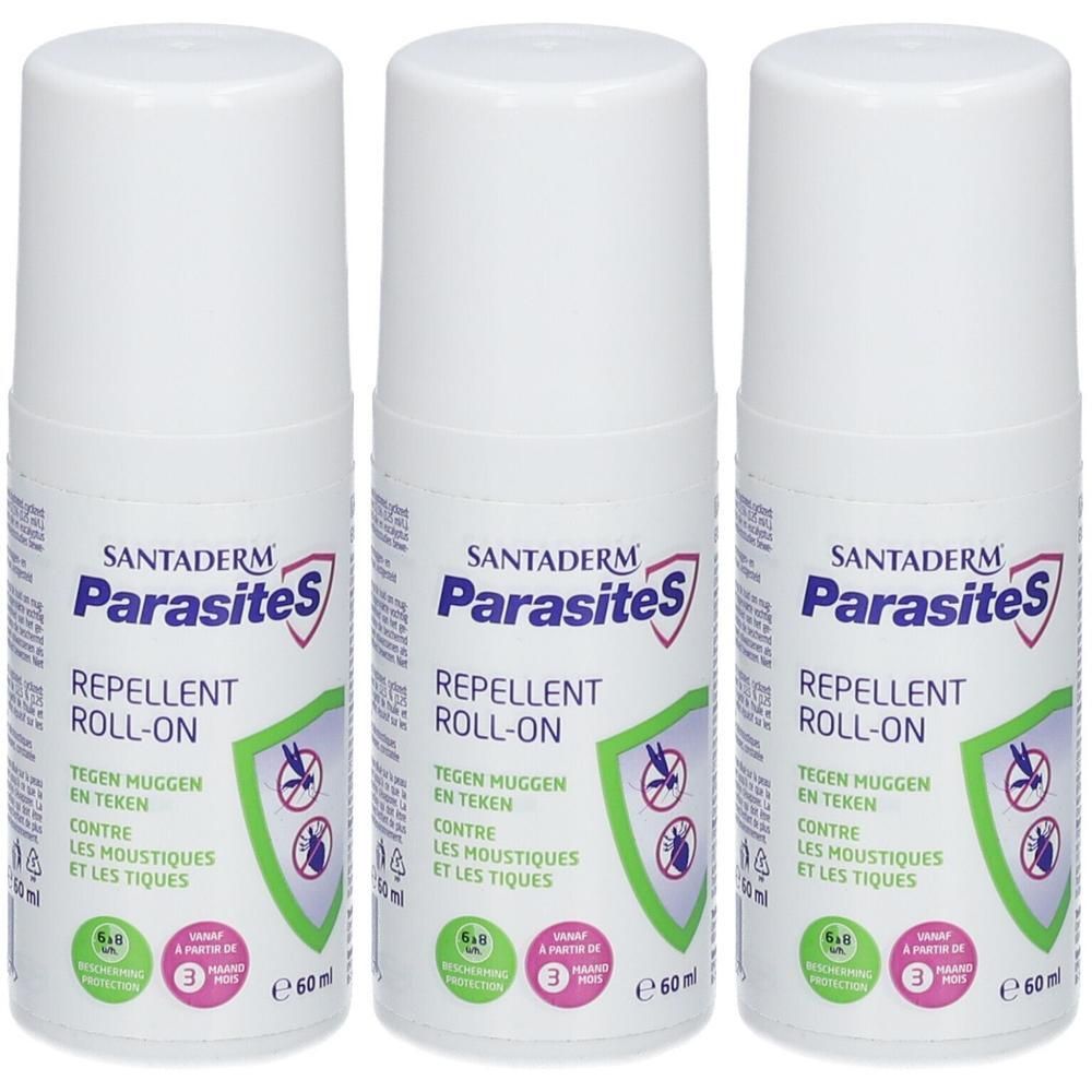 Trois flacons roll-on blancs Santaderm Parasites Repellent. Chaque flacon contient 60 ml.