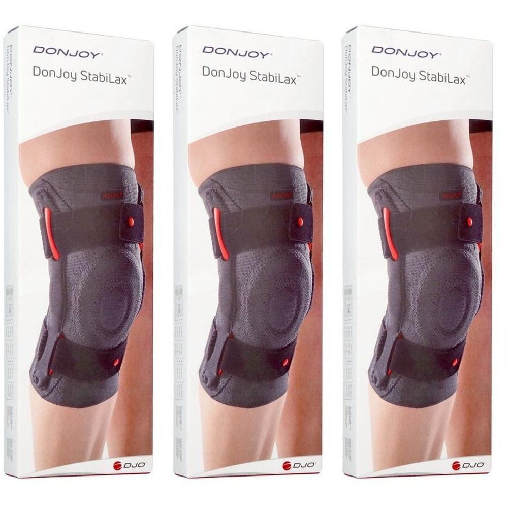 Genouillère DonJoy StabiLax avec accents rouges et attaches velcro.