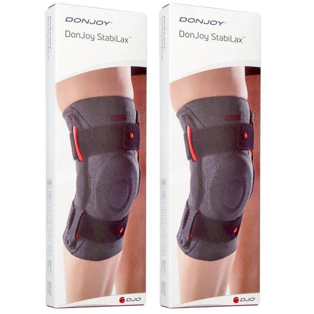 DonJoy StabiLax kniebrace met rode accenten en klittenbandsluitingen.