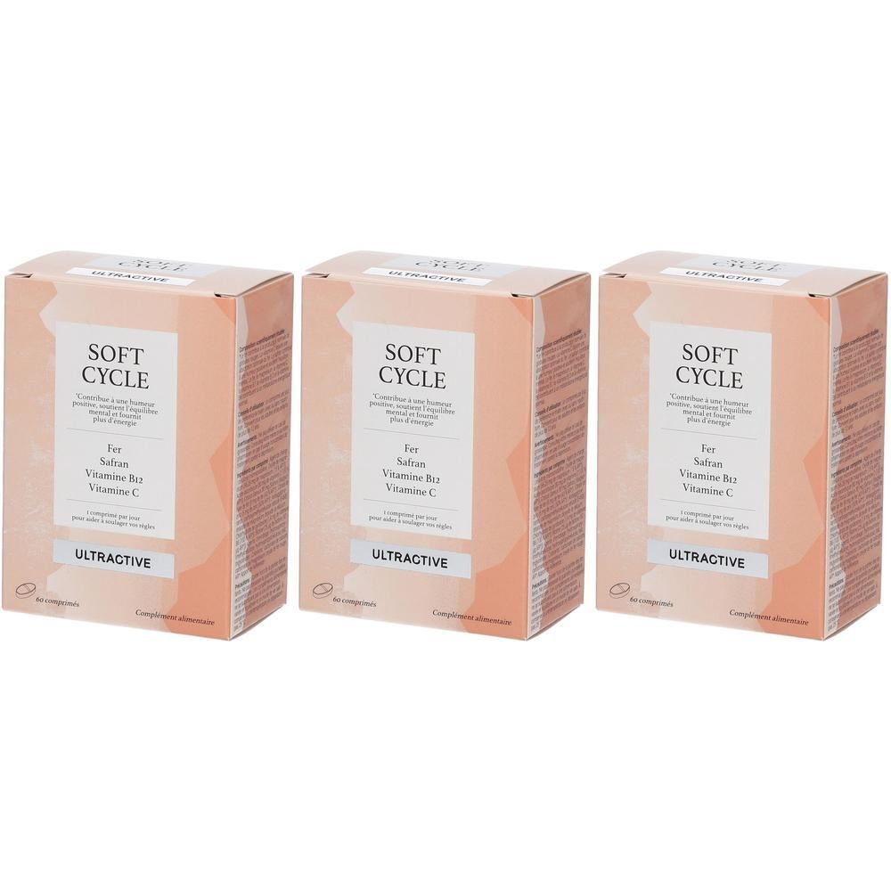 Drie verpakkingen Ultractive Soft Cycle met Vitamine B12 en Vitamine C. Roze en witte verpakking.